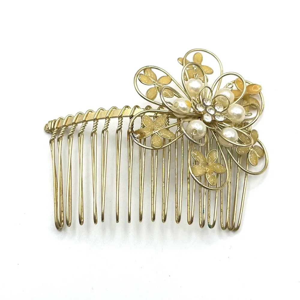 Gold Tone Floral Hair Comb‎ Faux Pearl Rhinestone Wedding Bridal Accessory